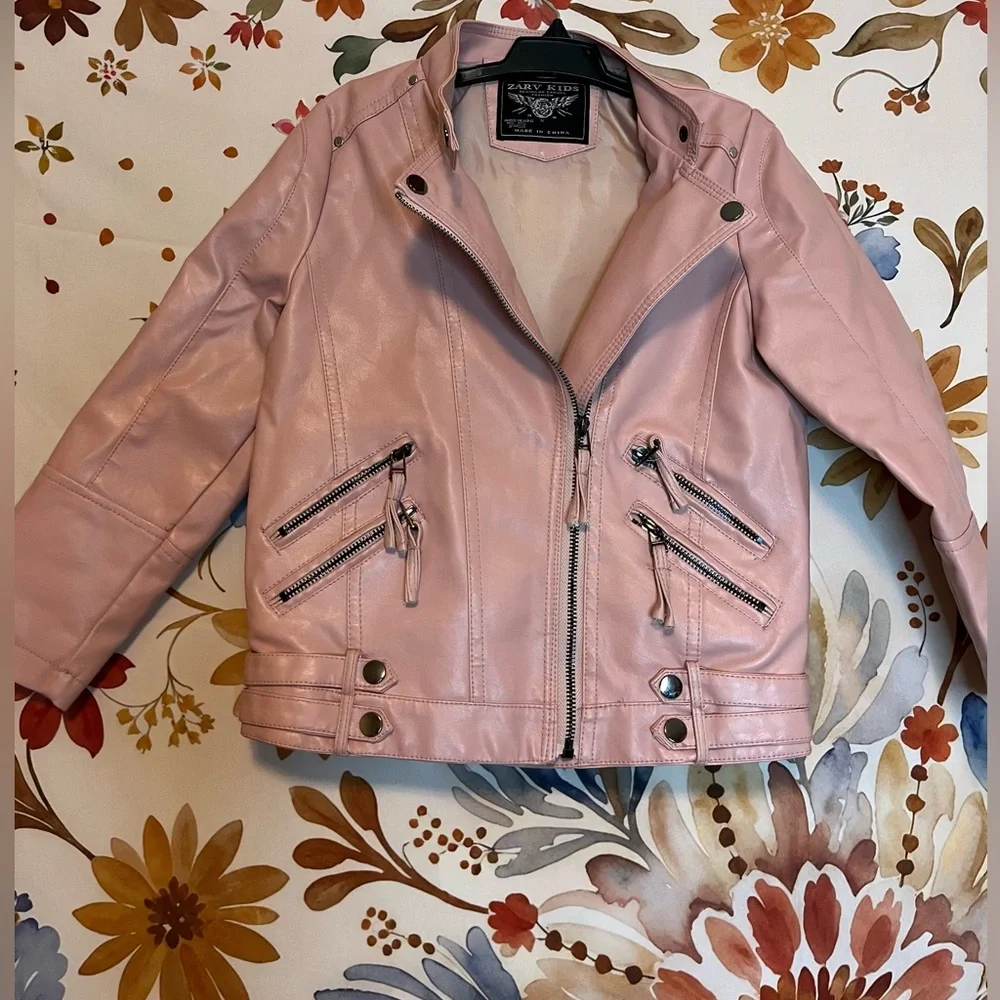 Kids M 7/8 Powder Pink Faux Leather Full Zip Motorcycle Spring Biker Jacket